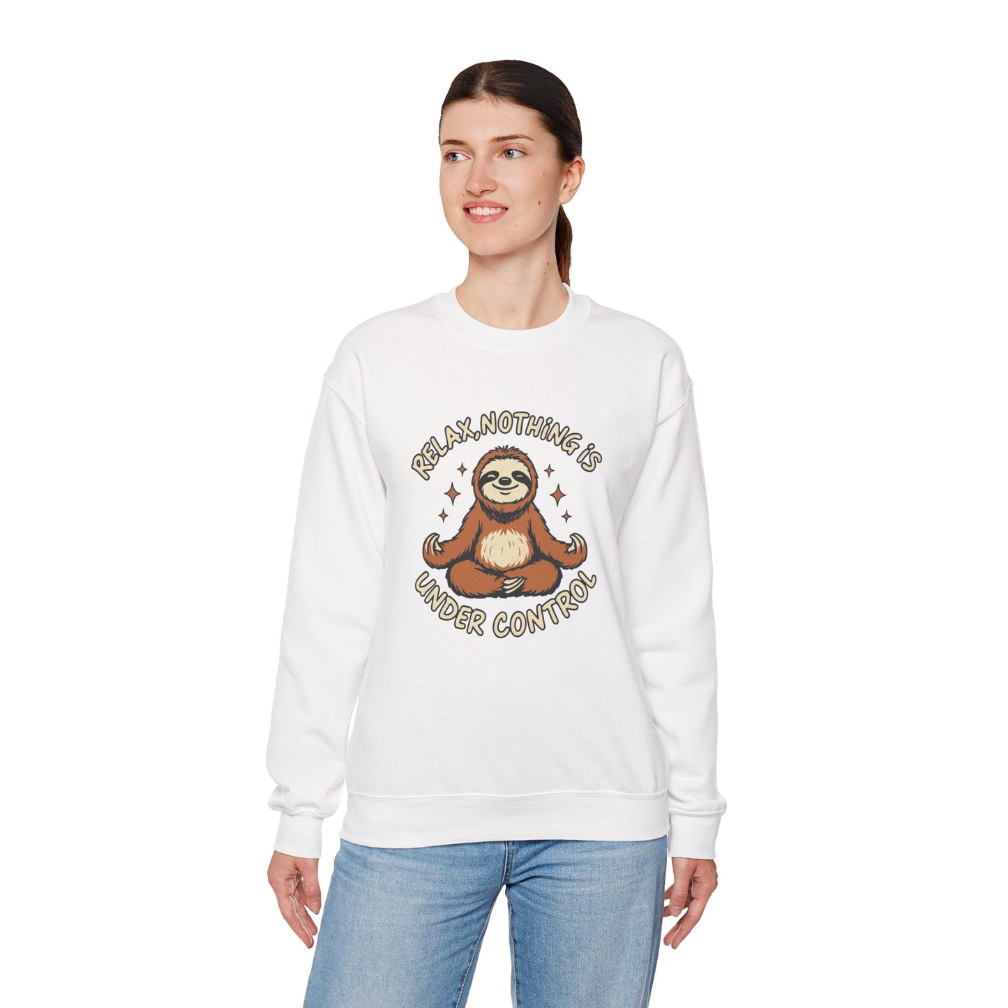 Woman wearing a white sweatshirt with a sloth graphic and text on a white background