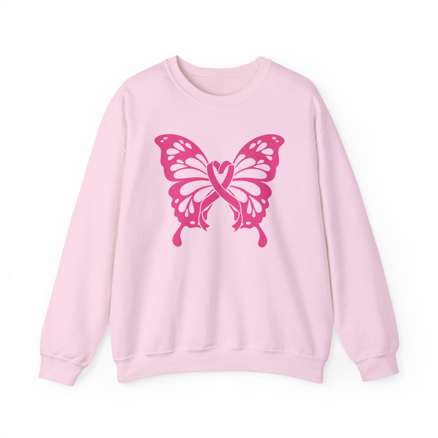 Pink sweatshirt with a pink breast cancer butterfly design on a white background