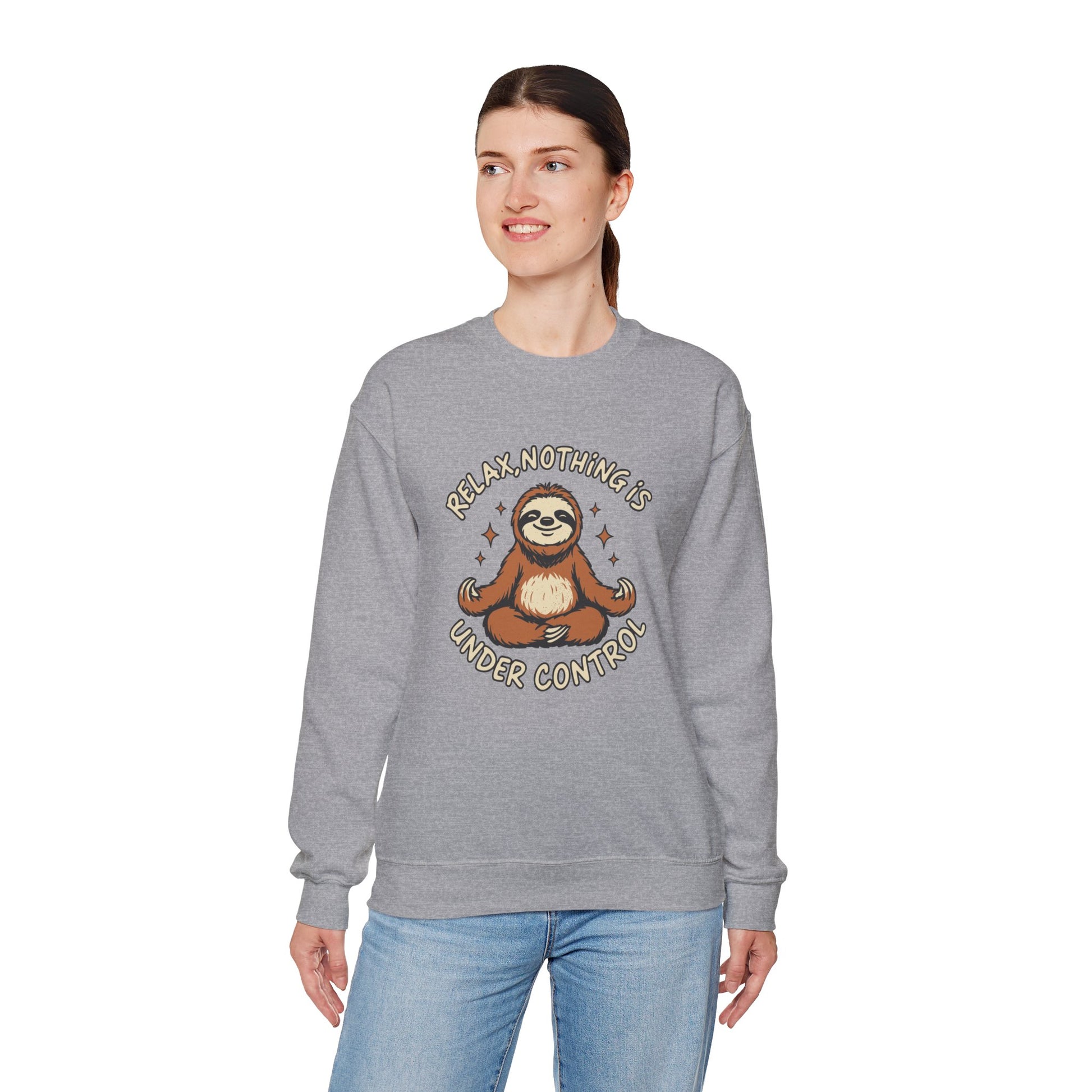 Person wearing a gray sweatshirt with a sloth graphic and text on a white background