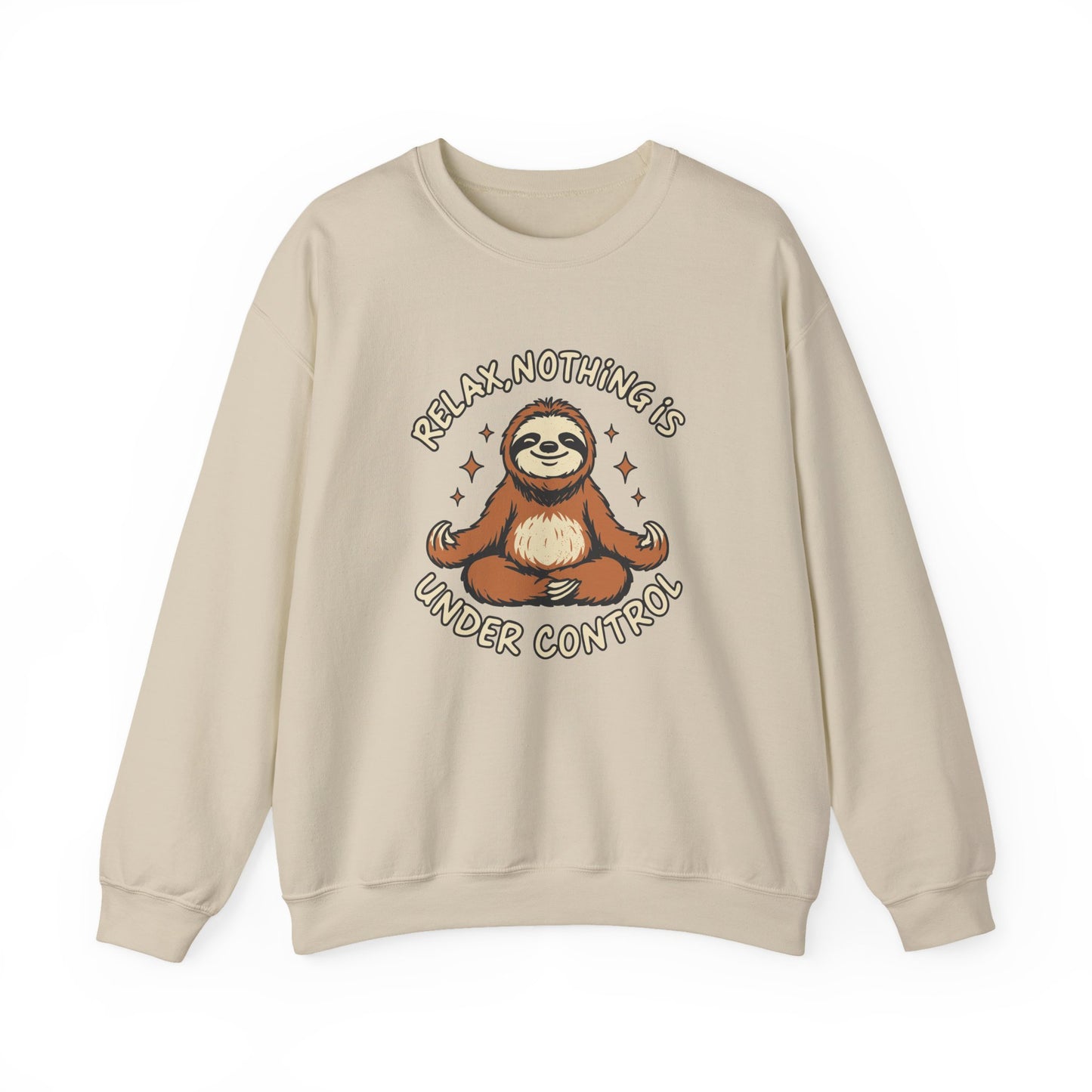 Beige sweatshirt with a sloth graphic and text on a white background