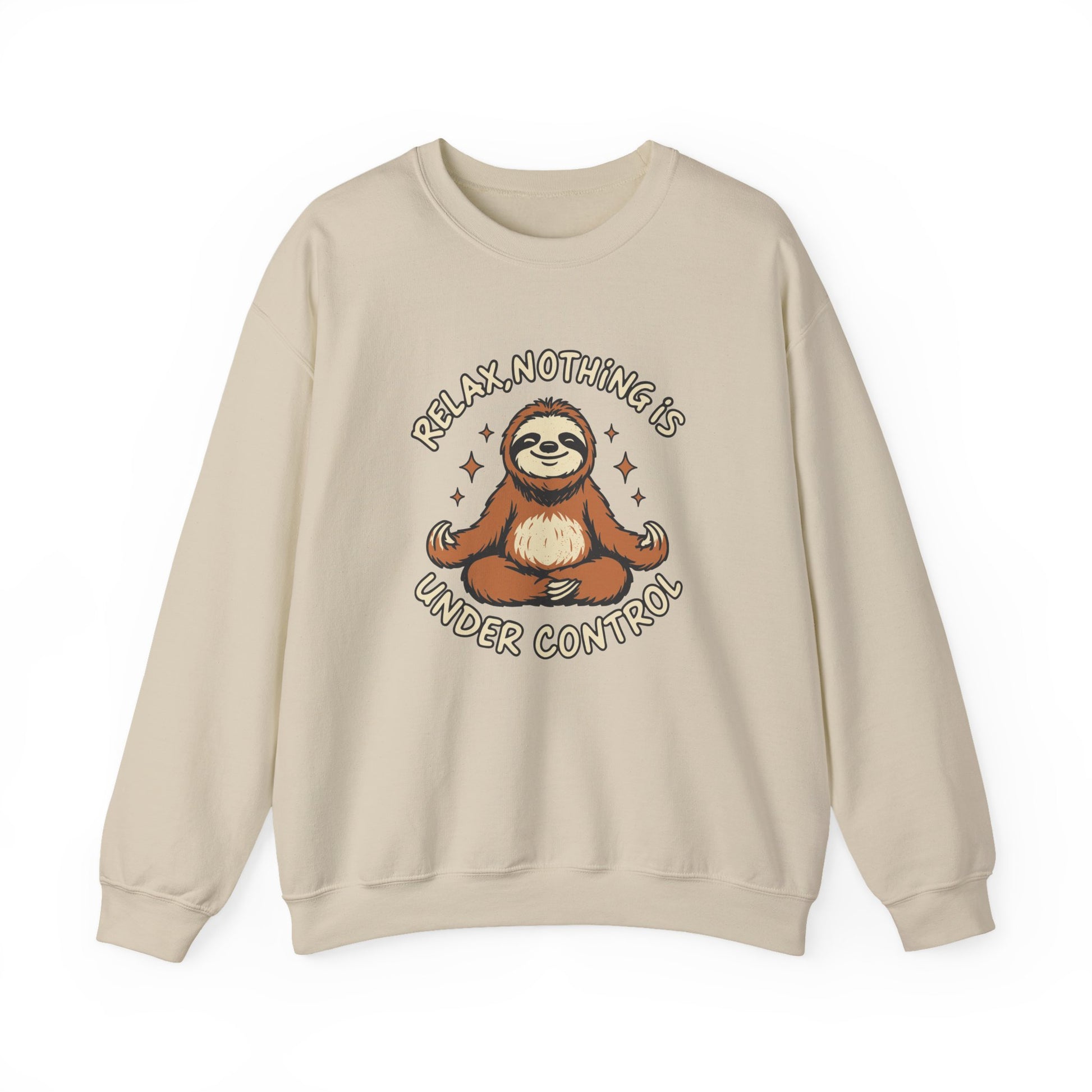 Beige sweatshirt with a sloth graphic and text on a white background