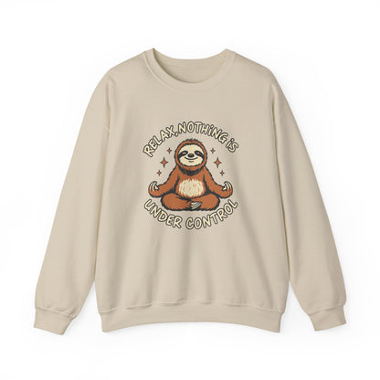 Beige sweatshirt with a sloth graphic and text on a white background