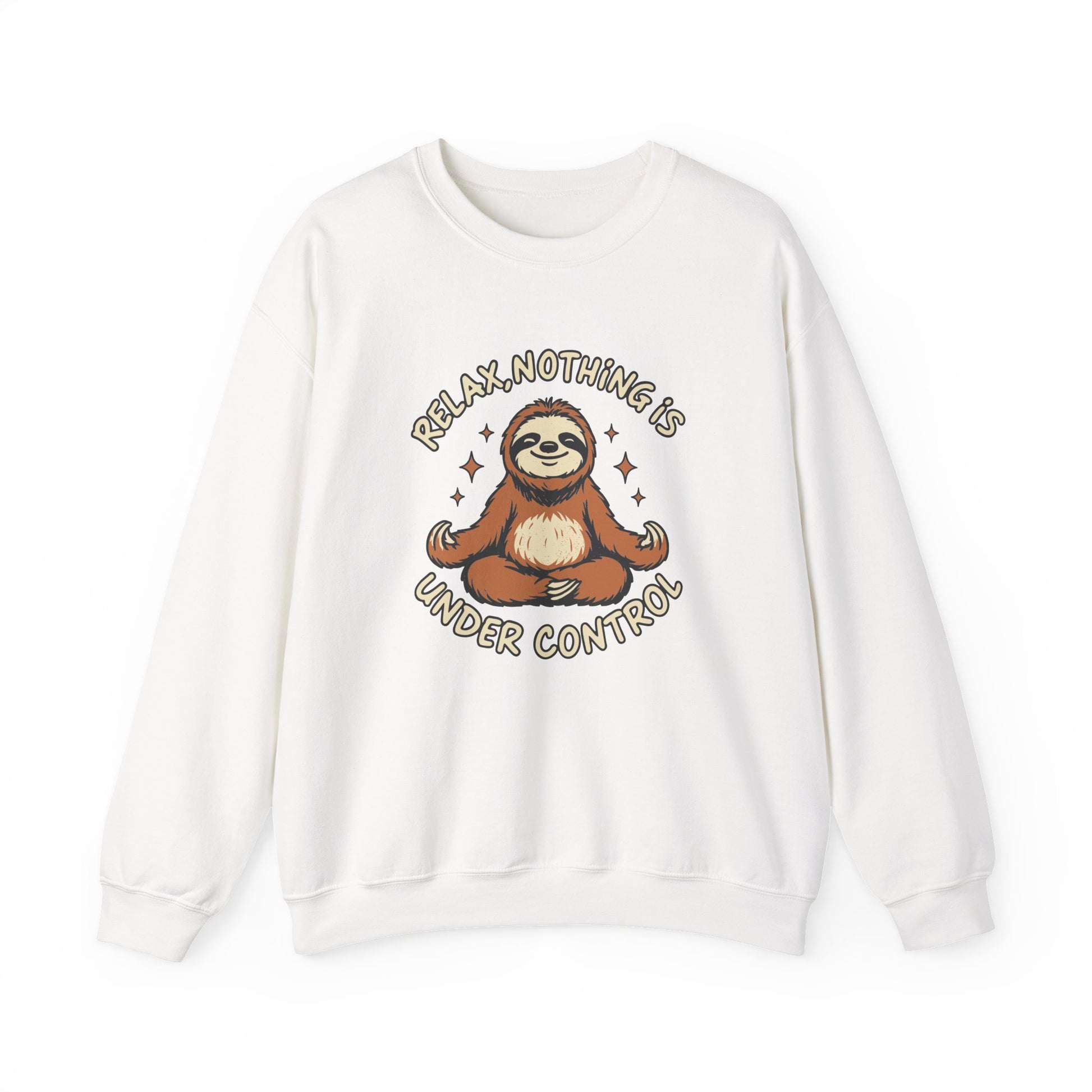 White sweatshirt with a sloth graphic and text on a white background