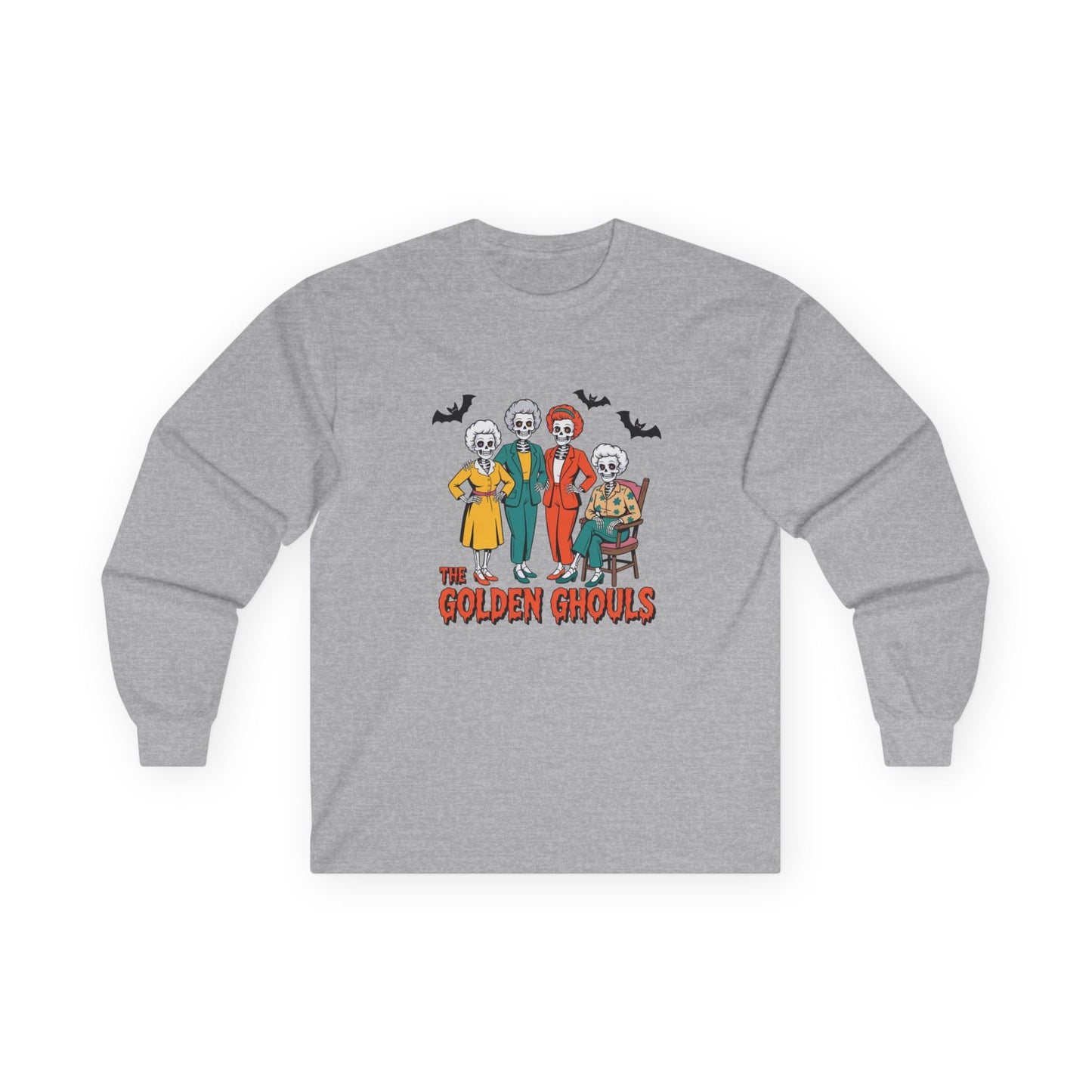 Gray long-sleeve shirt with 'The Golden Ghouls' graphic on a white background