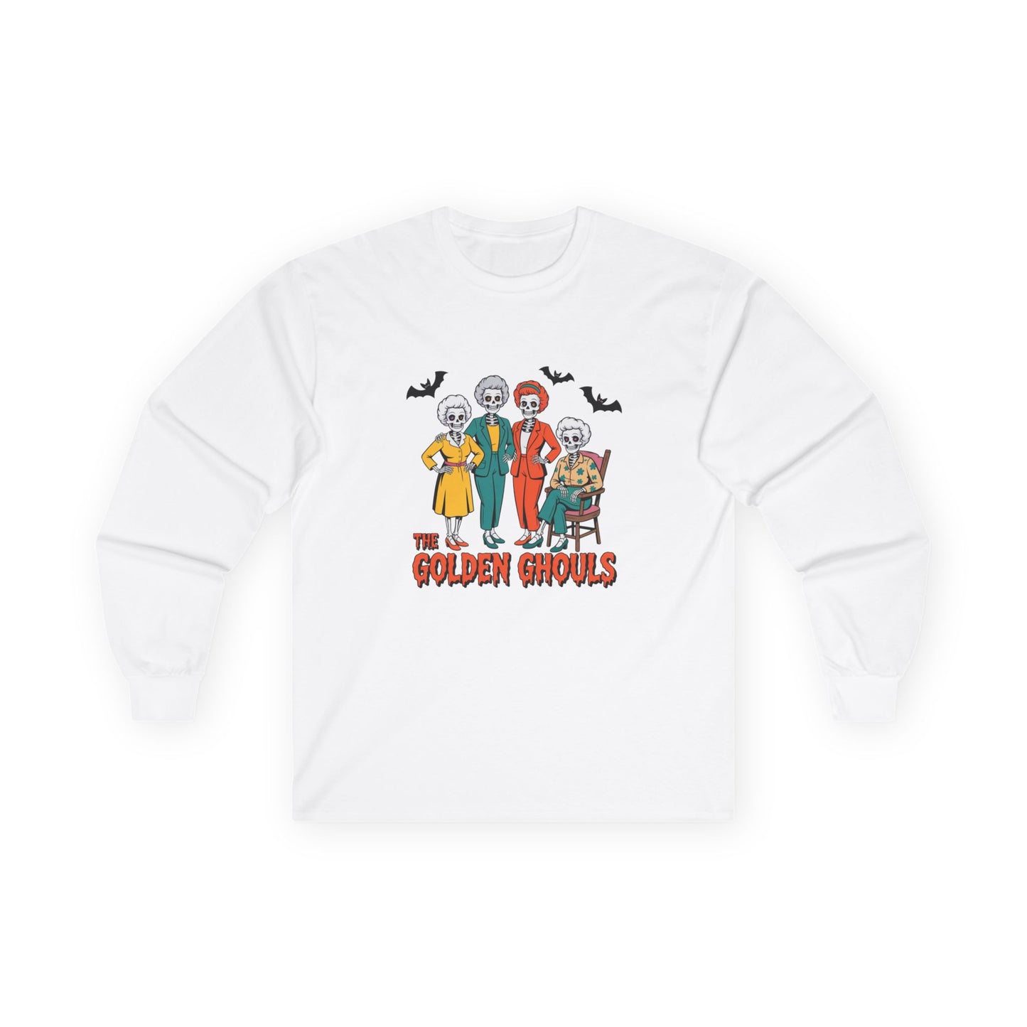 White sweatshirt with 'The Golden Ghouls' graphic on a white background