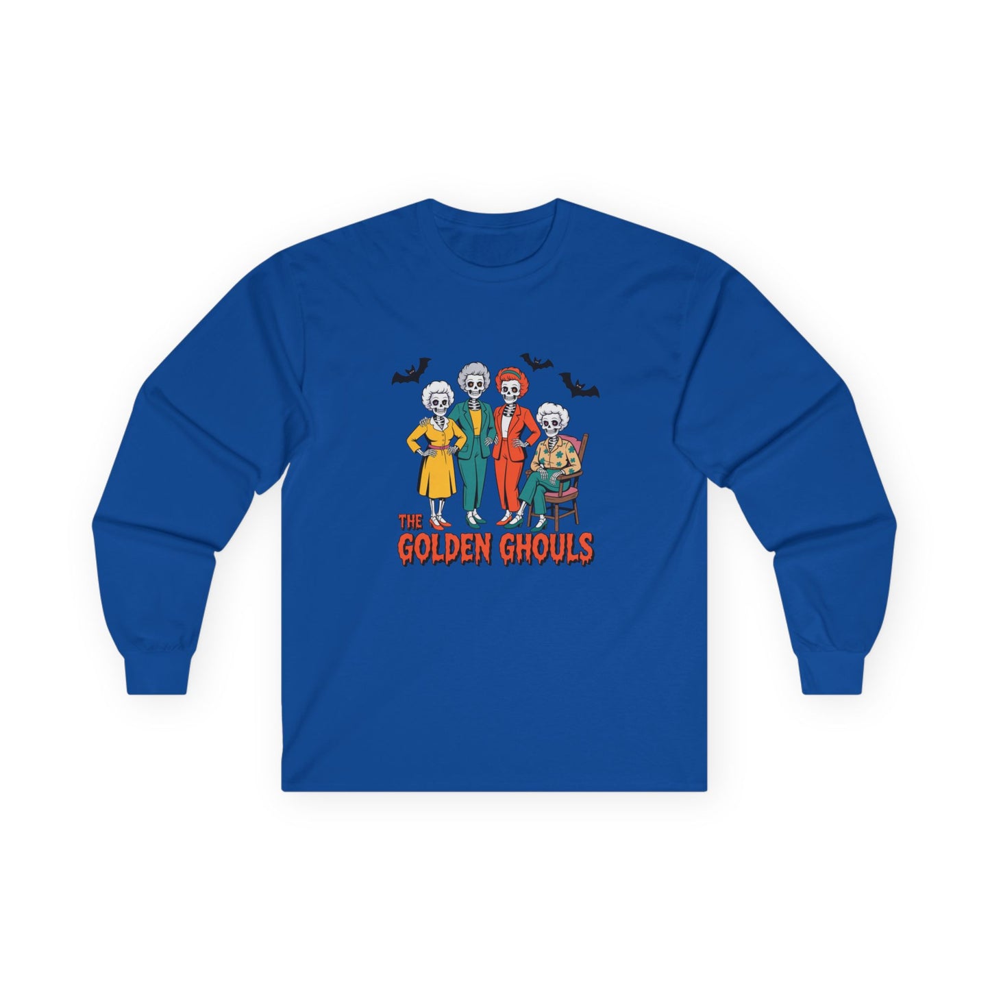 Blue long-sleeve shirt with 'The Golden Ghouls' graphic on a white background