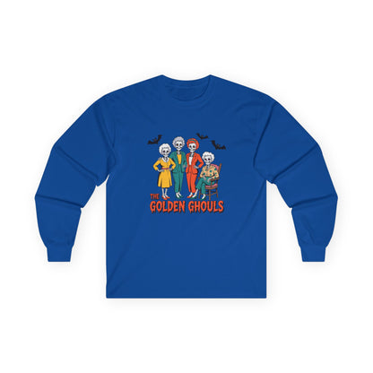 Blue long-sleeve shirt with 'The Golden Ghouls' graphic on a white background