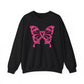 Black sweatshirt with a pink breast cancer butterfly design on a white background