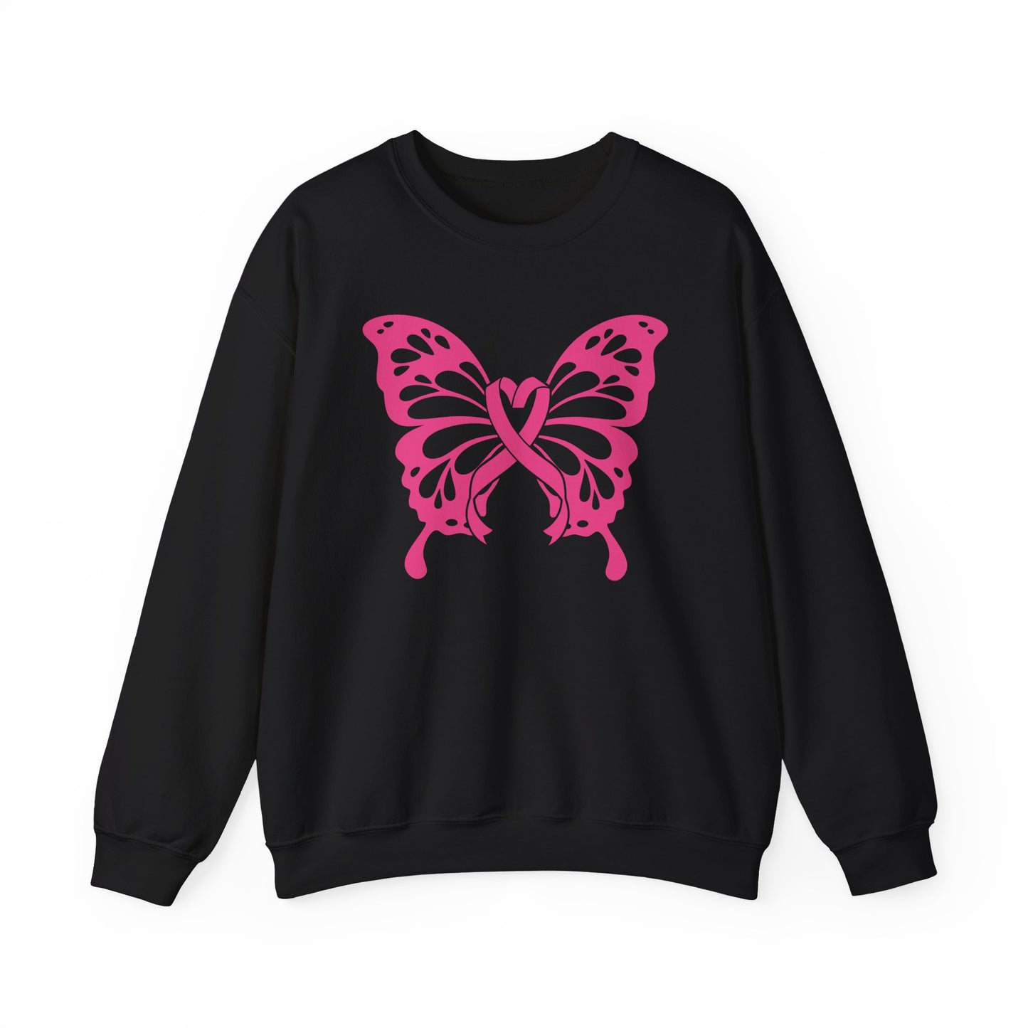 Black sweatshirt with a pink breast cancer butterfly design on a white background