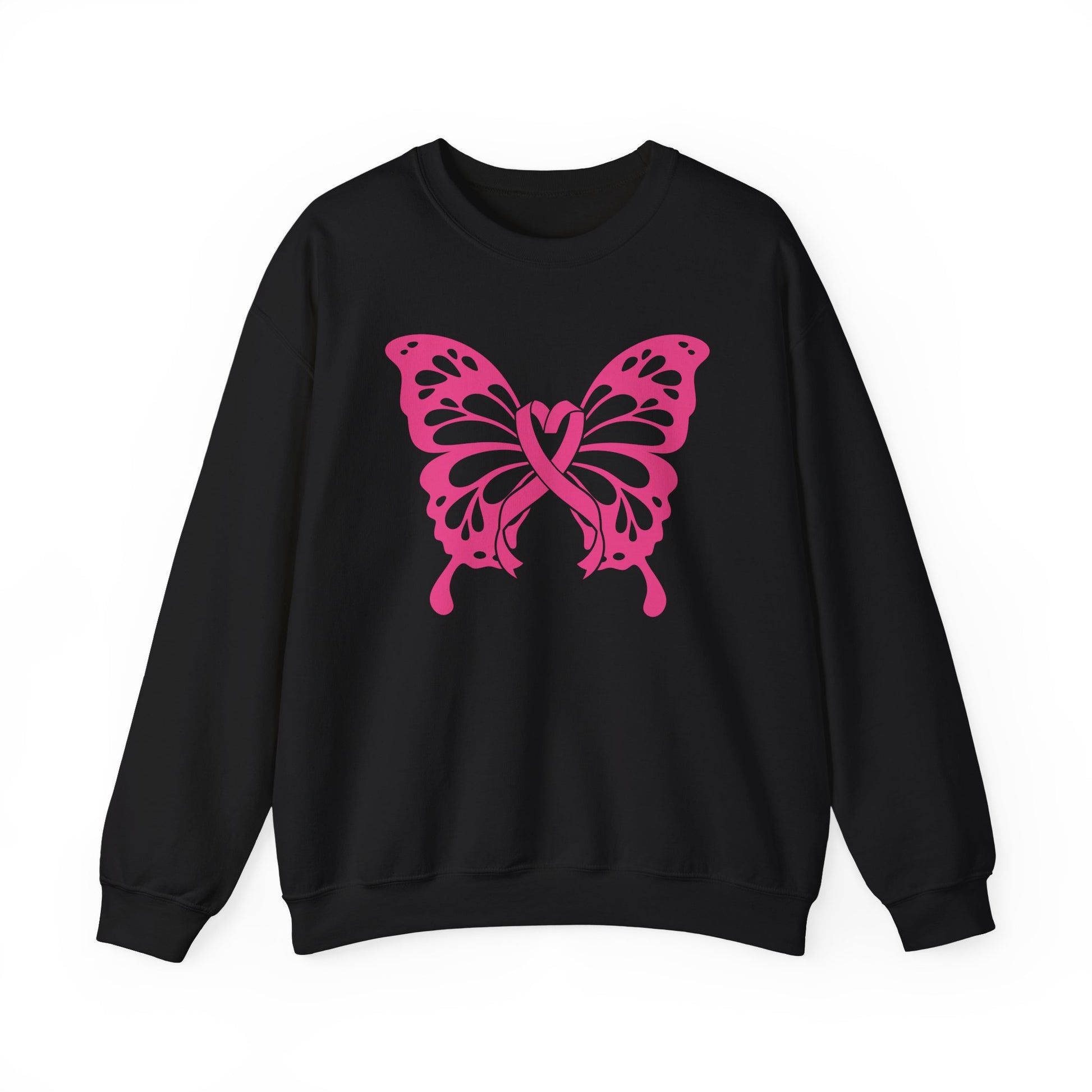 Black sweatshirt with a pink breast cancer butterfly design on a white background