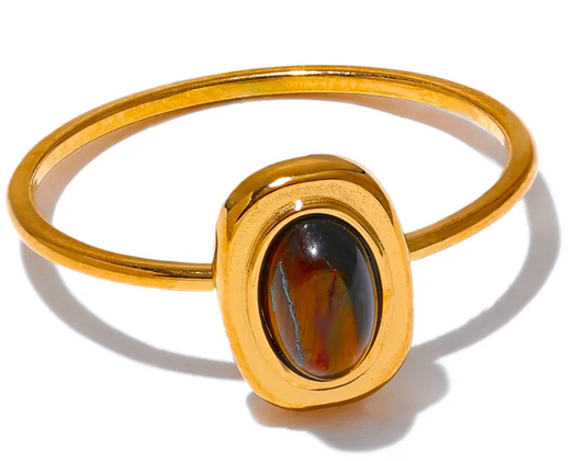 An 18K gold-plated oval natural stone ring with a sleek band.