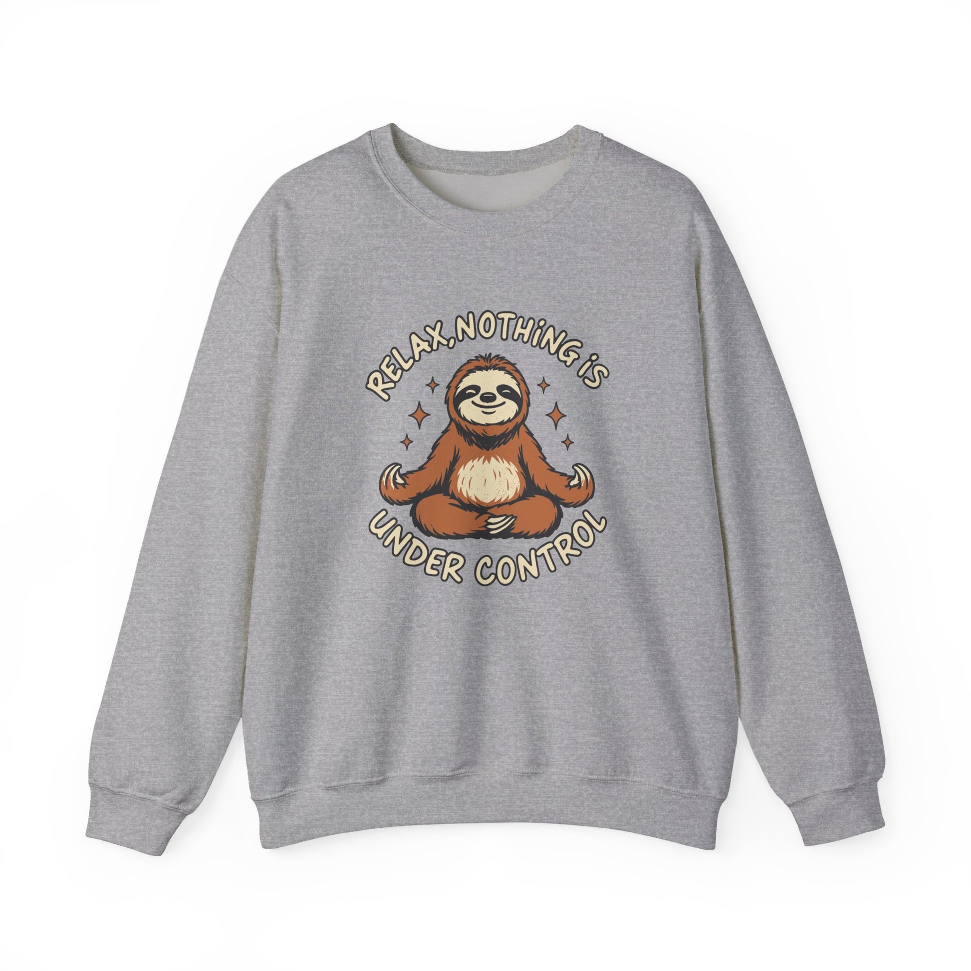 Gray sweatshirt with a sloth graphic and text on a white background