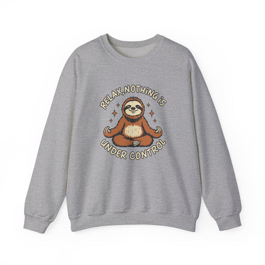 Gray sweatshirt with a sloth graphic and text on a white background