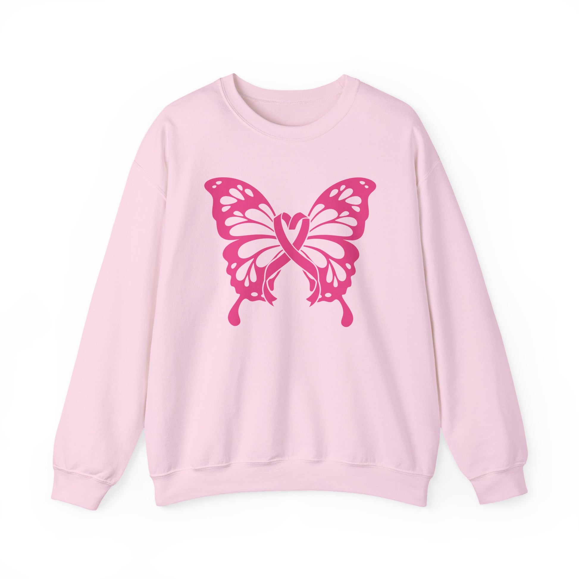 Pink sweatshirt with a pink  breast cancer butterfly design on a white background