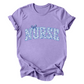 Purple t-shirt with 'NURSE' printed in blue floral letters on a white background
