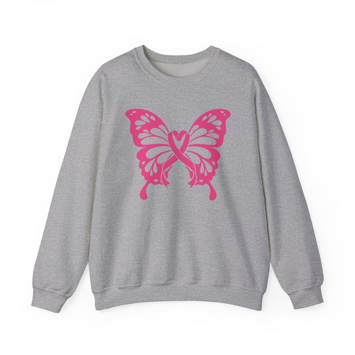 Gray sweatshirt with a pink breast cancer butterfly design on a white background