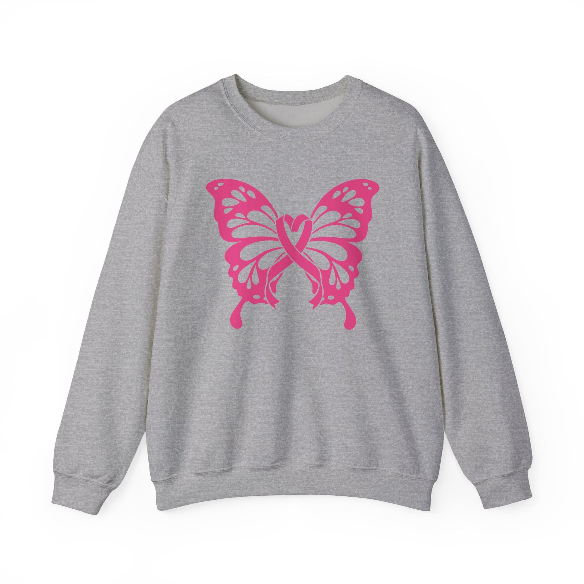 Gray sweatshirt with a pink breast cancer butterfly design on a white background