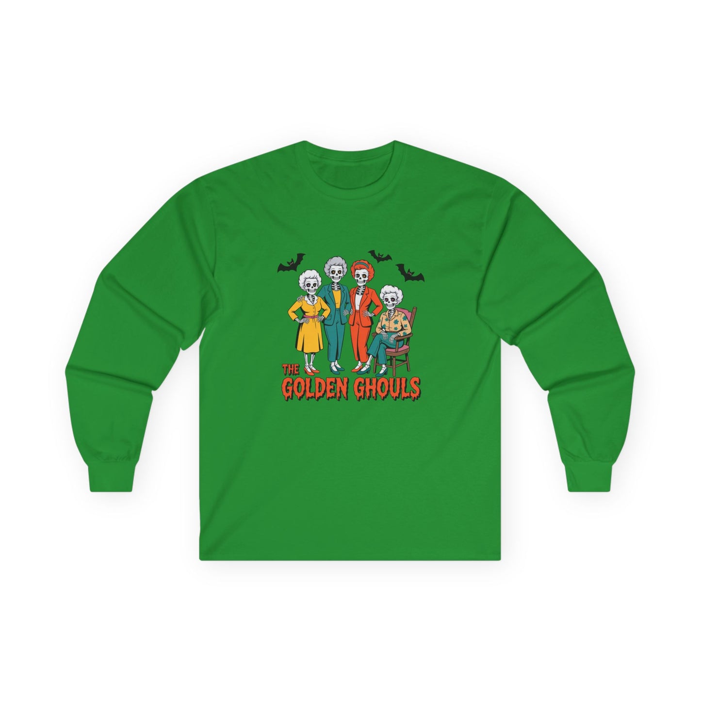 Green long-sleeve shirt with 'The Golden Ghouls' graphic on a white background