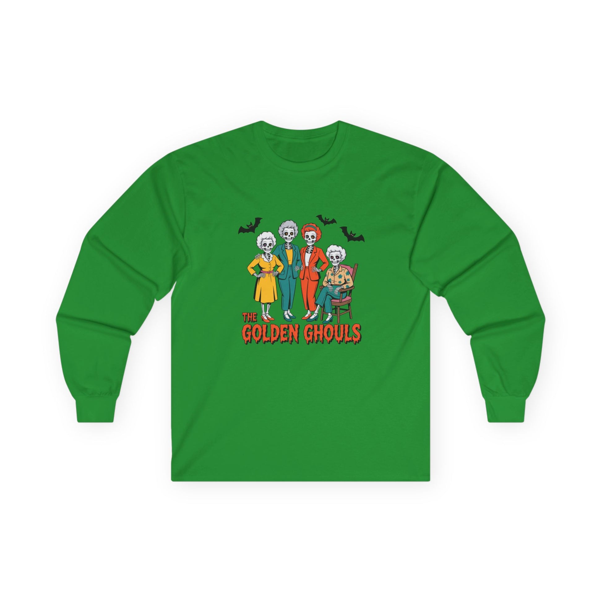 Green long-sleeve shirt with 'The Golden Ghouls' graphic on a white background