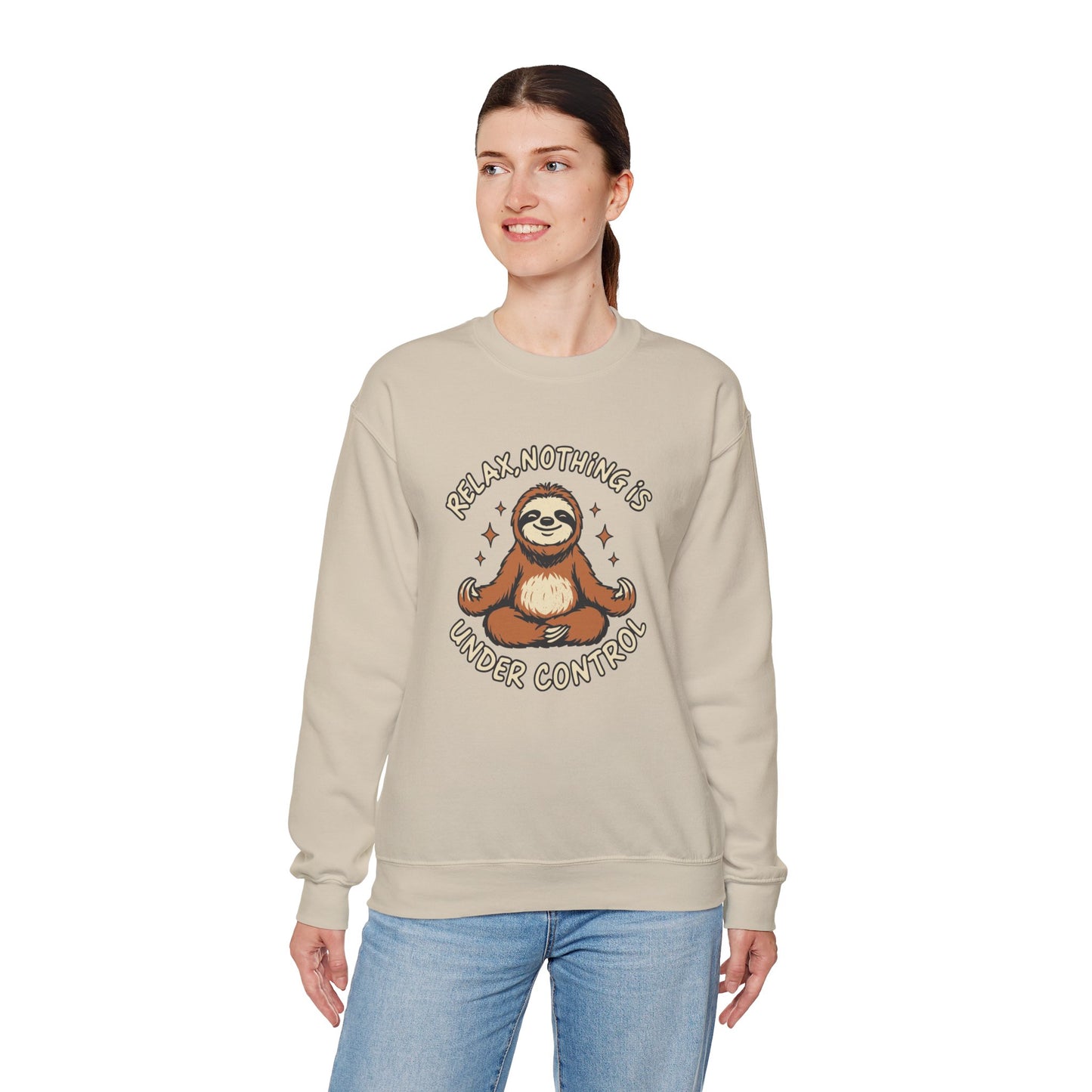 Woman wearing a beige sweatshirt with a sloth graphic and text on a white background