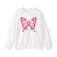 White sweatshirt with a pink  breast cancer butterfly design on a white background