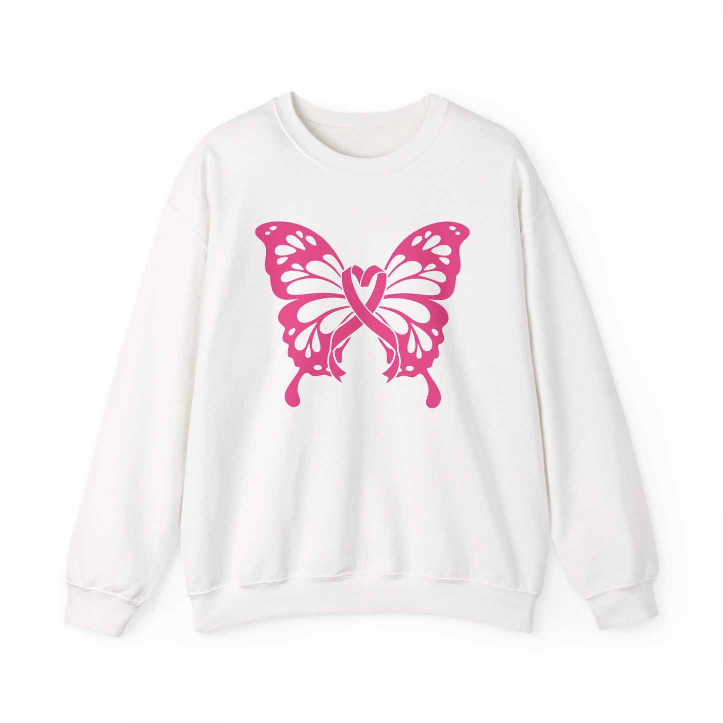 White sweatshirt with a pink  breast cancer butterfly design on a white background