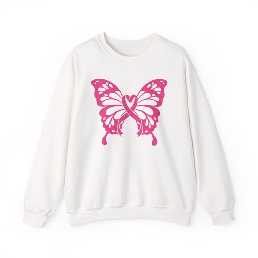 White sweatshirt with a pink  breast cancer butterfly design on a white background