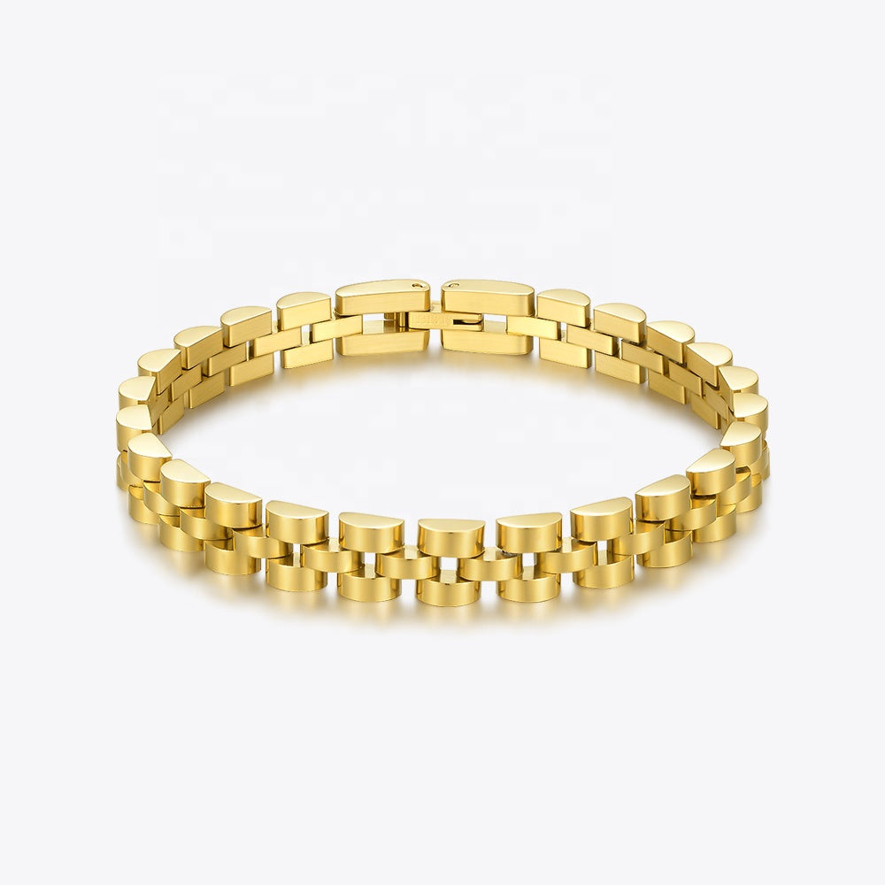 18K gold-plated watchband-style bracelet made of stainless stee.