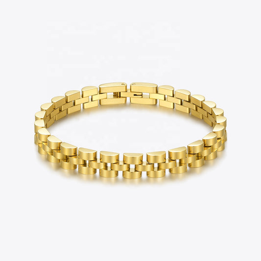 18K gold-plated watchband-style bracelet made of stainless stee.