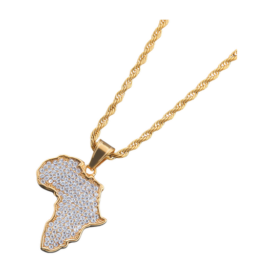 A gold-plated Africa-shaped pendant necklace with a rhinestone crystal accent on a rope chain.
