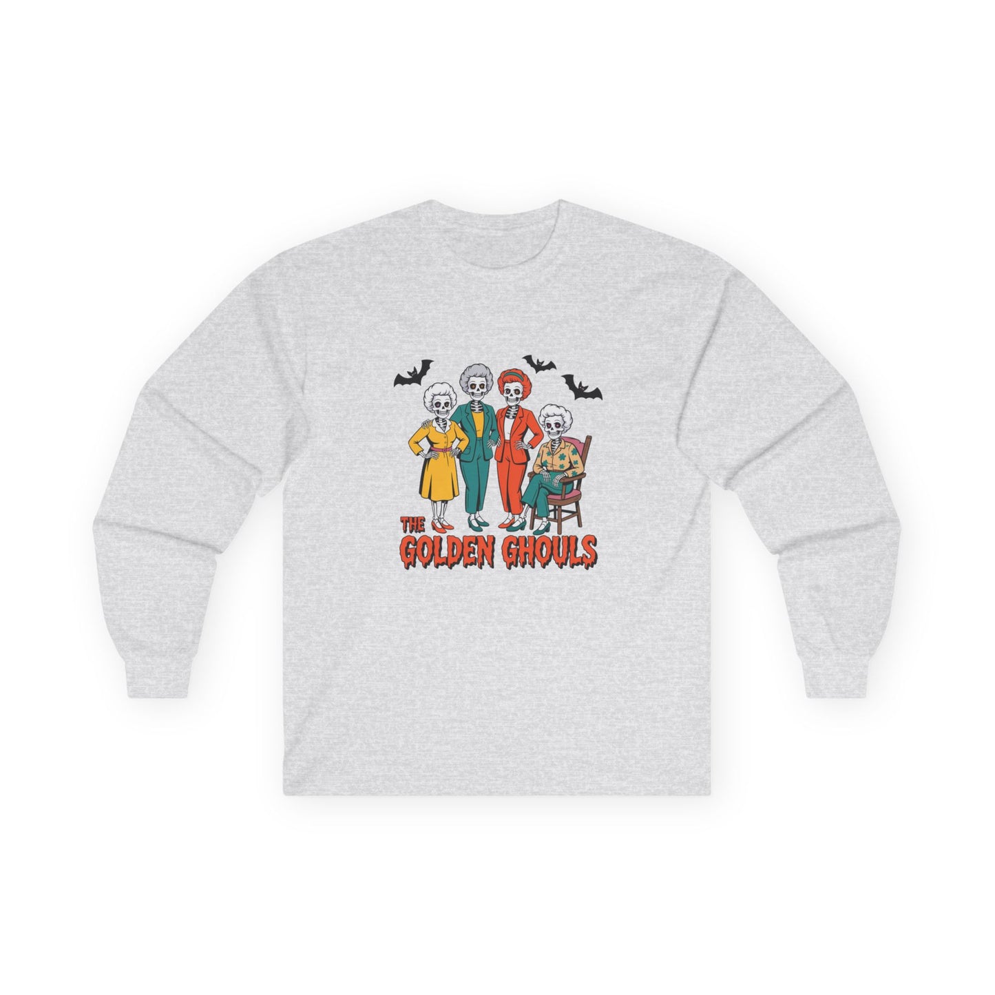 Gray sweatshirt with 'The Golden Ghoul' graphic design on a white background
