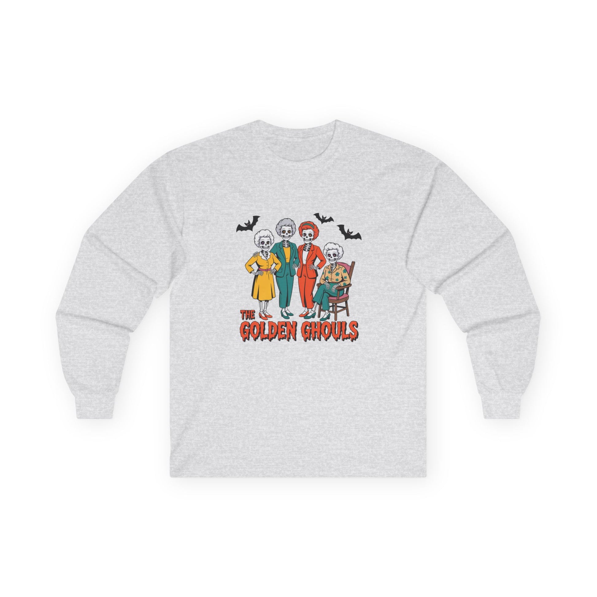 Gray sweatshirt with 'The Golden Ghoul' graphic design on a white background
