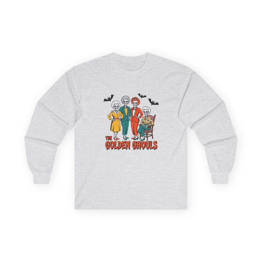 Gray sweatshirt with 'The Golden Ghoul' graphic design on a white background
